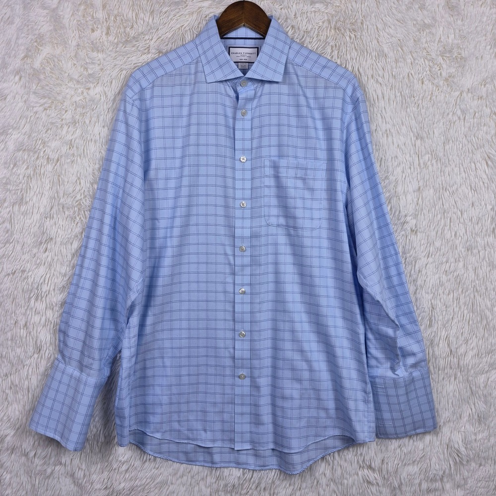 Charles Tyrwhitt Mens Non-Iron Classic Fit Shirt Blue Grid 16.5 33 French Cuff